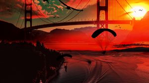 Preview wallpaper river, bridge, sunset, parachutists, birds, boats