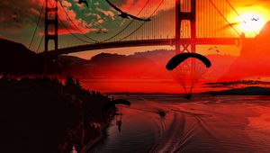 Preview wallpaper river, bridge, sunset, parachutists, birds, boats