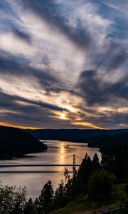 Preview wallpaper river, bridge, sunset, sky, clouds, trees