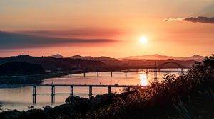 Preview wallpaper river, bridge, sunset, dusk, landscape