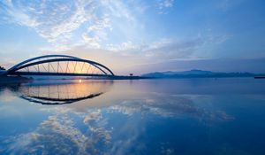 Preview wallpaper river, bridge, sunset, sky