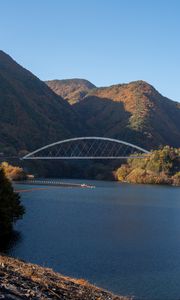 Preview wallpaper river, bridge, trees, mountains, nature