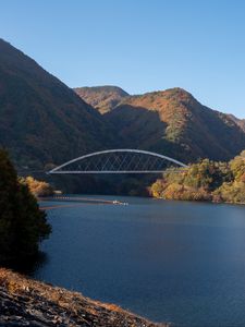 Preview wallpaper river, bridge, trees, mountains, nature