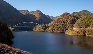 Preview wallpaper river, bridge, trees, mountains, nature