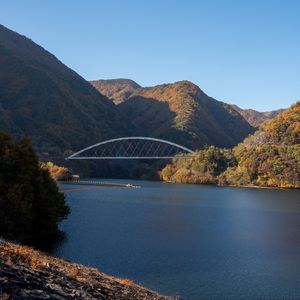 Preview wallpaper river, bridge, trees, mountains, nature