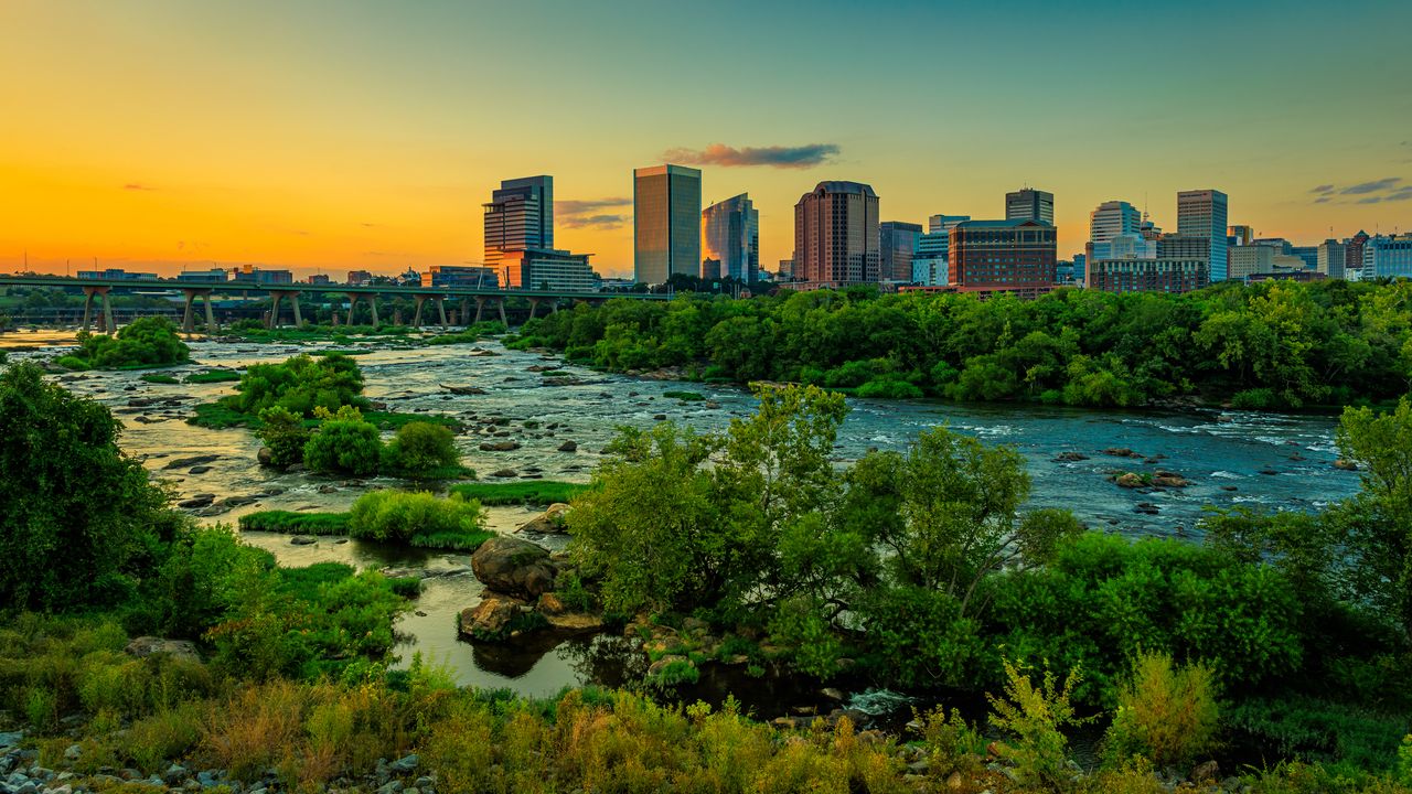Wallpaper river, bridge, trees, buildings, city, nature