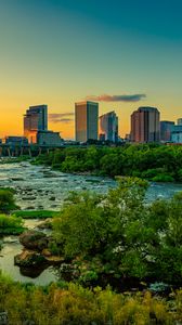 Preview wallpaper river, bridge, trees, buildings, city, nature