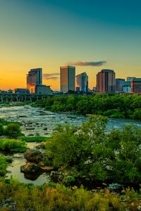 Preview wallpaper river, bridge, trees, buildings, city, nature