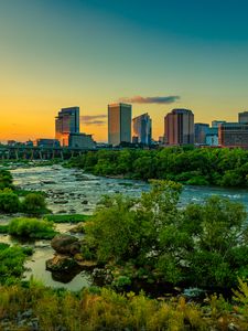 Preview wallpaper river, bridge, trees, buildings, city, nature