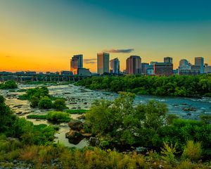 Preview wallpaper river, bridge, trees, buildings, city, nature