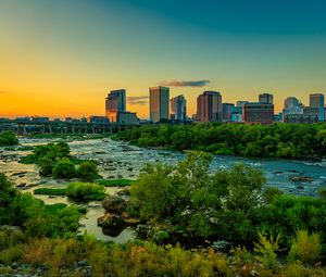 Preview wallpaper river, bridge, trees, buildings, city, nature