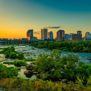 Preview wallpaper river, bridge, trees, buildings, city, nature