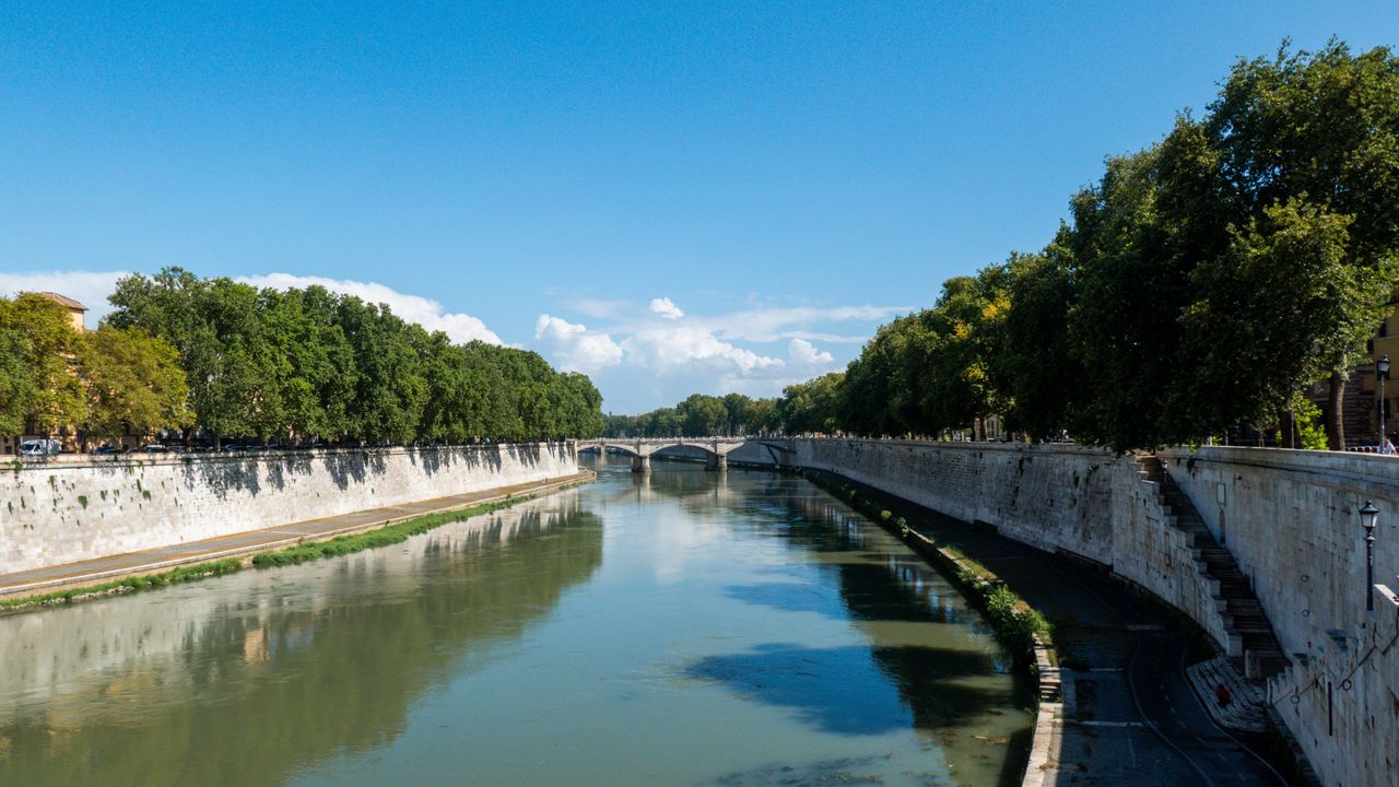 Wallpaper river, bridge, trees, clouds, sky