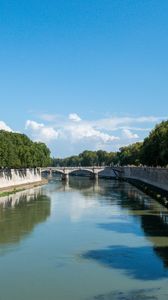 Preview wallpaper river, bridge, trees, clouds, sky