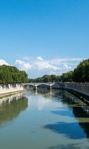 Preview wallpaper river, bridge, trees, clouds, sky