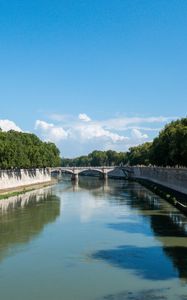 Preview wallpaper river, bridge, trees, clouds, sky