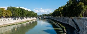 Preview wallpaper river, bridge, trees, clouds, sky