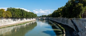 Preview wallpaper river, bridge, trees, clouds, sky