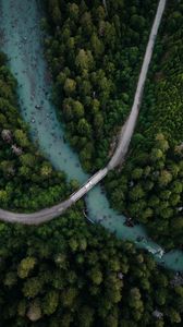 Preview wallpaper river, bridge, trees, aerial view, forest, spruce