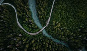 Preview wallpaper river, bridge, trees, aerial view, forest, spruce