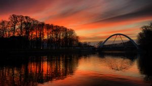Preview wallpaper river, bridge, trees, evening, dark