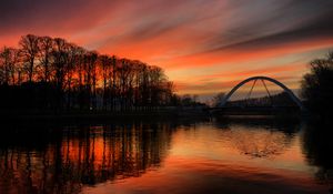 Preview wallpaper river, bridge, trees, evening, dark