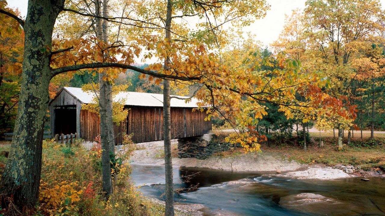 Wallpaper river, bridge, waterville, vermont, autumn, trees