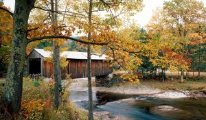 Preview wallpaper river, bridge, waterville, vermont, autumn, trees