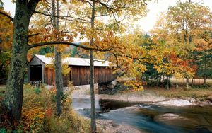 Preview wallpaper river, bridge, waterville, vermont, autumn, trees