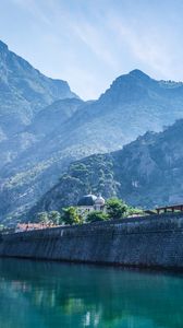 Preview wallpaper river, building, mountains, nature