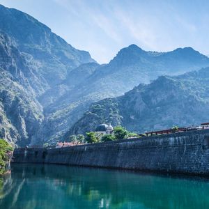 Preview wallpaper river, building, mountains, nature