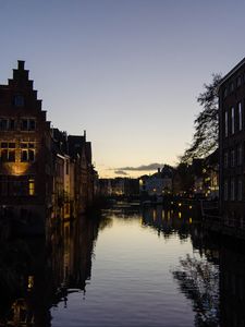 Preview wallpaper river, buildings, city, dusk, ghent, belgium