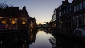 Preview wallpaper river, buildings, city, dusk, ghent, belgium