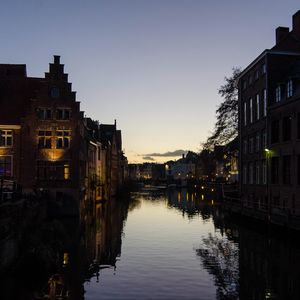 Preview wallpaper river, buildings, city, dusk, ghent, belgium