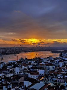 Preview wallpaper river, buildings, houses, city, clouds, sunrise