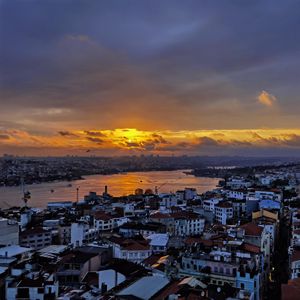 Preview wallpaper river, buildings, houses, city, clouds, sunrise