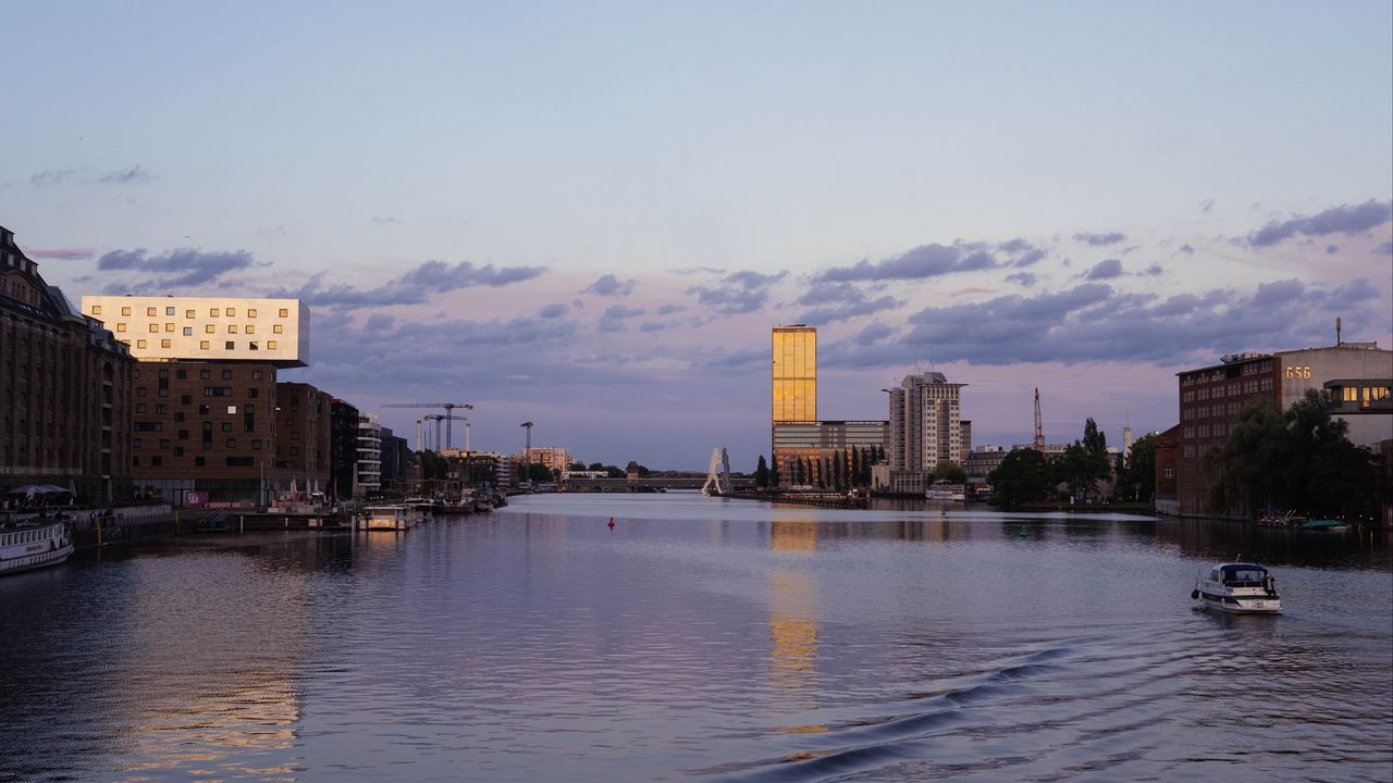 Wallpaper river, buildings, sky, clouds