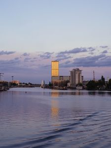 Preview wallpaper river, buildings, sky, clouds