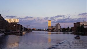 Preview wallpaper river, buildings, sky, clouds