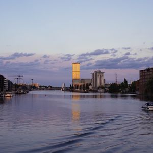 Preview wallpaper river, buildings, sky, clouds