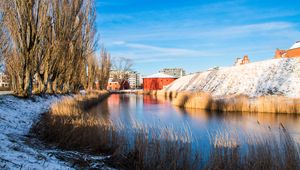 Preview wallpaper river, buildings, snow, winter, grass