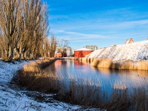 Preview wallpaper river, buildings, snow, winter, grass