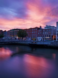 Preview wallpaper river, buildings, sunset, architecture, bridge