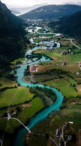 Preview wallpaper river, buildings, village, mountains, winding