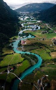 Preview wallpaper river, buildings, village, mountains, winding