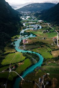 Preview wallpaper river, buildings, village, mountains, winding