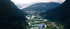 Preview wallpaper river, buildings, village, mountains, winding