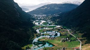 Preview wallpaper river, buildings, village, mountains, winding