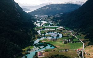 Preview wallpaper river, buildings, village, mountains, winding