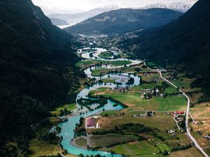 Preview wallpaper river, buildings, village, mountains, winding